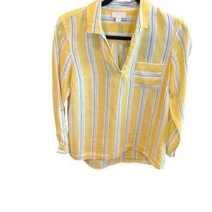 J Jill Love Linen Yellow Blue & White Petite Small Shirt